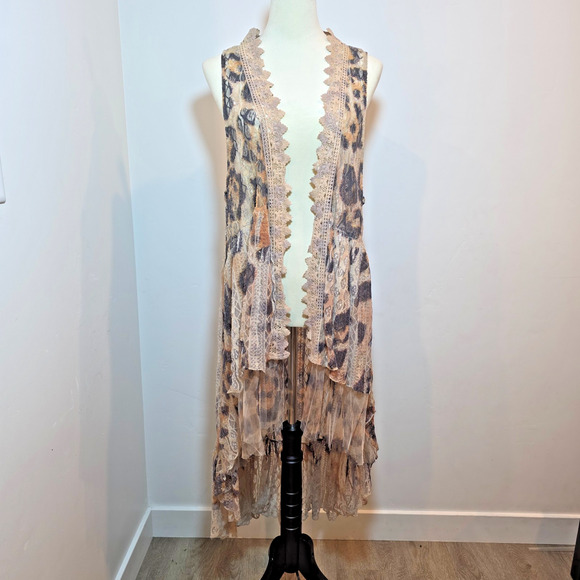 Origami By Vivien Lace Long Vest Animal Print Duster Hippie Festival Fairy Sz Xl - Picture 1 of 8